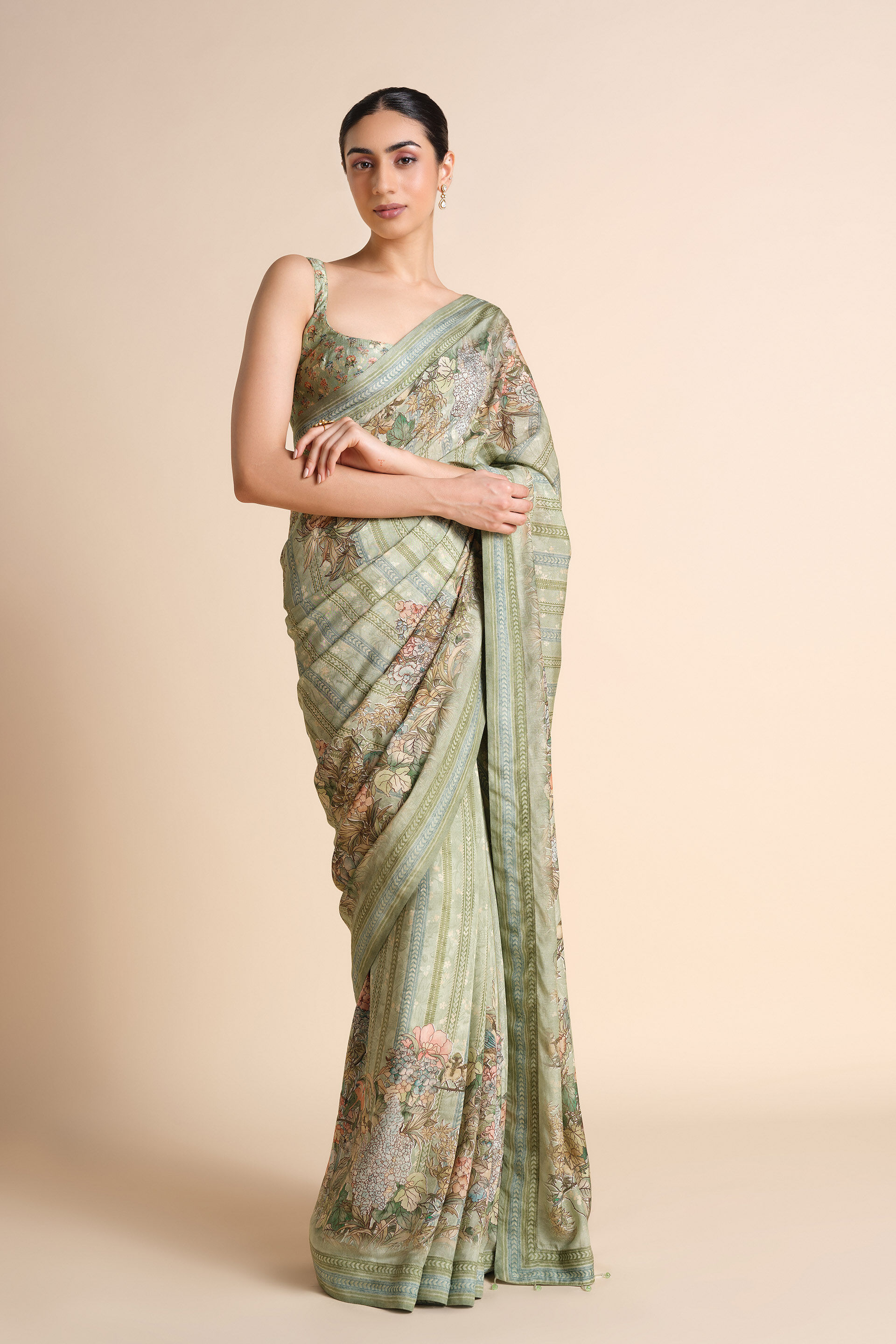 Avonlea Printed Saree - Sage, Sage, image 4